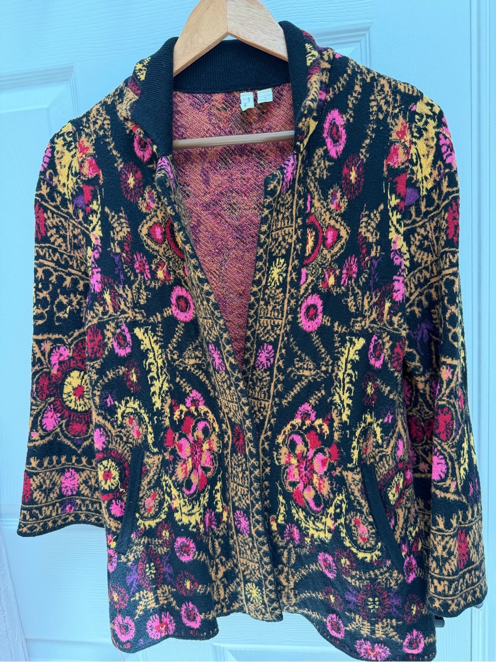 Anthropologie Black Cardigan with Pink and Yellow Floral Jacquard
